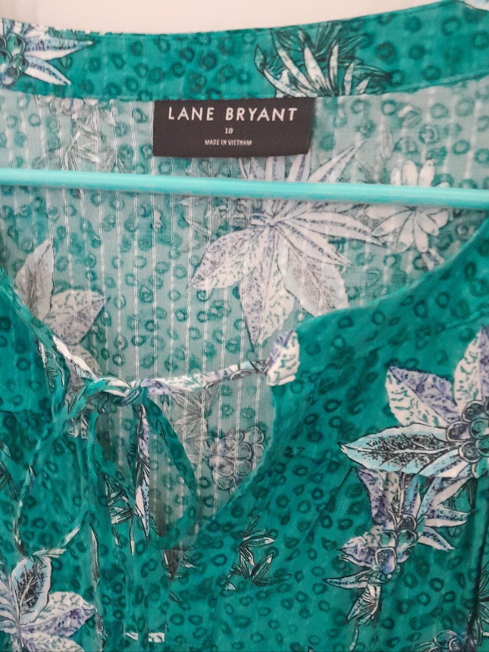 Lane Bryant Women's Teal Tie Neck Peasant Casual Floral Print Top